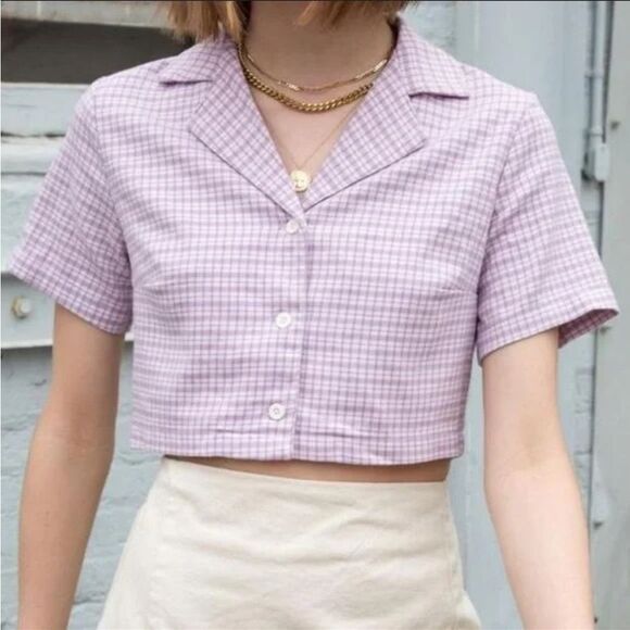 John Galt Size XS Brandy Melville Vivian Top Purple Plaid Preppy Collared Crop - Picture 1 of 12